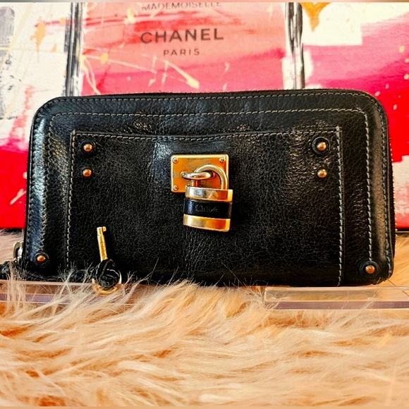 Chloe Handbags - Chloe Paddington Leather Black Gold Full Zip Long Wallet W/ Working Padlock Key